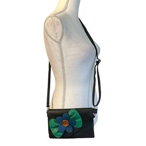 SAX Mini Leather Crossbody Shoulder Bag Clutch Purse Flower Appliqué Black